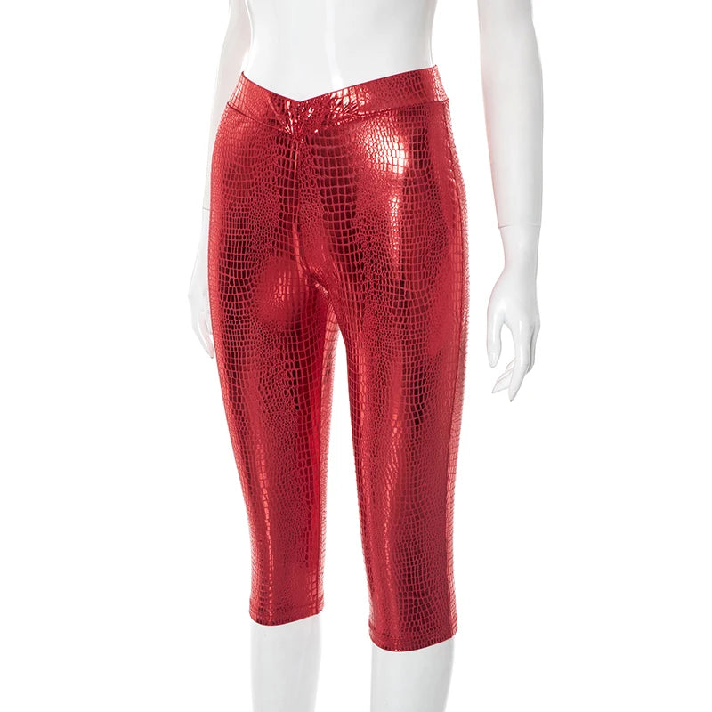 CUTENOVA Sexy Snake Print Solid Color Glossy Elastic High-Waisted Seven-Minute Casual Pants Summer New Women'S Clothing