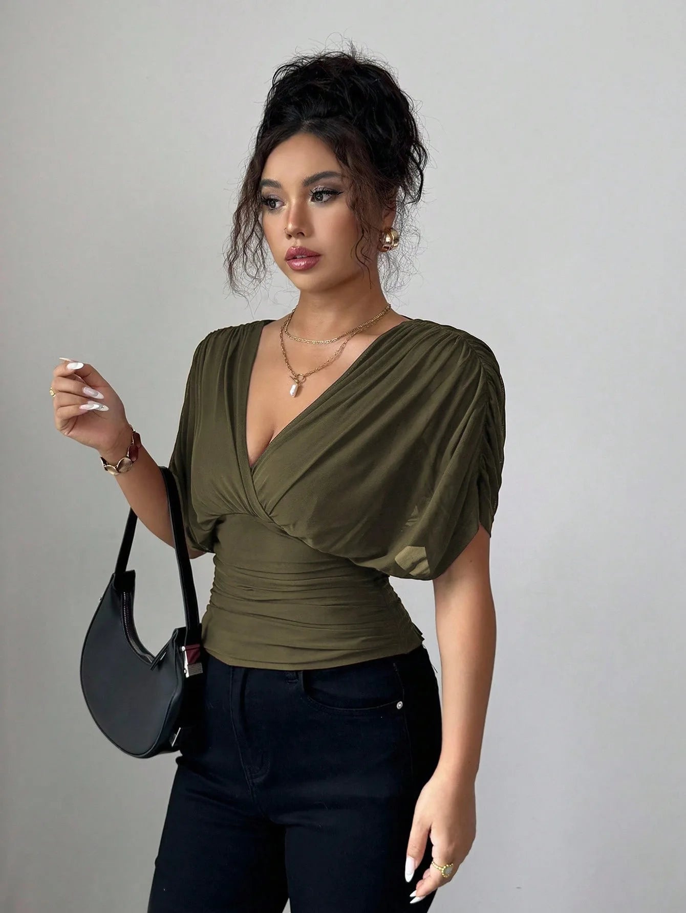 Elegant Deep V Neck Flutter Sleeve Waist Cinching Top for Women
