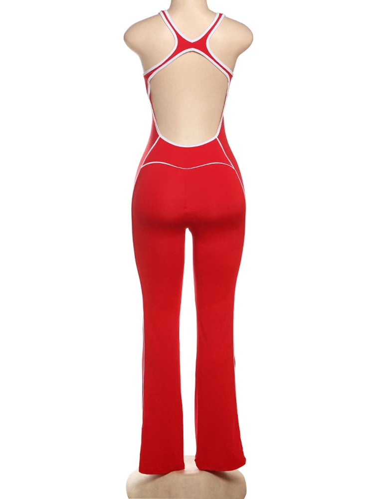 Cutenew Panelled Stripe Women Jumpsuits Casual Summer Sporty O-neck Sleeveless Backless Skinny Overalls Female Active One Piece