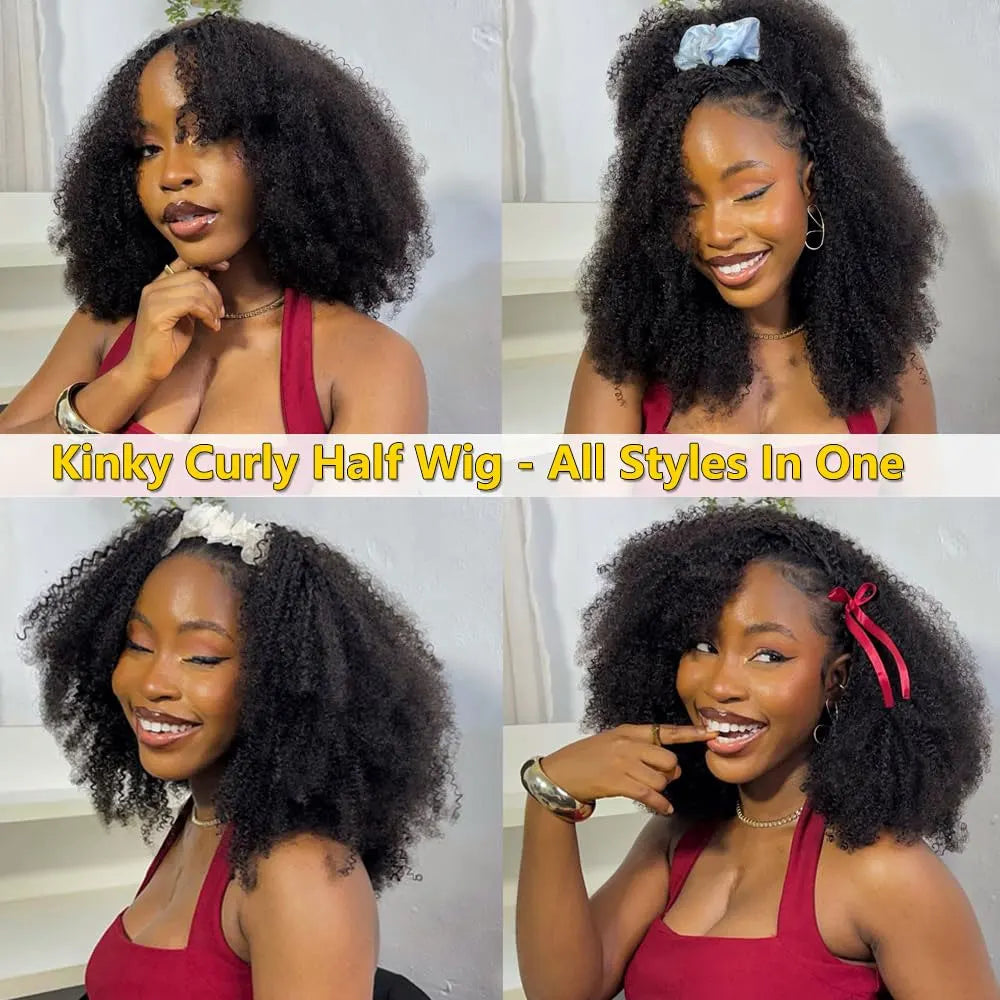 Long Remy Kinky Curly Human Hair Half Wig for Women