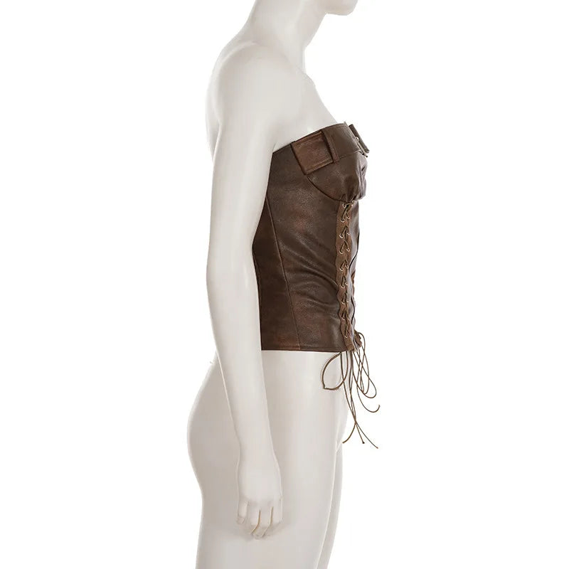 Sexy Leather Corset Vest, Cinched Waistband, Metal Buckle Top, Punk Style, Individualistic Street Style, Spicy Girl Outfit