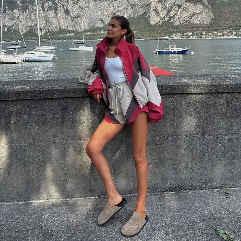 Contrast Color Zip Jacket and Shorts Two Piece Set for Women