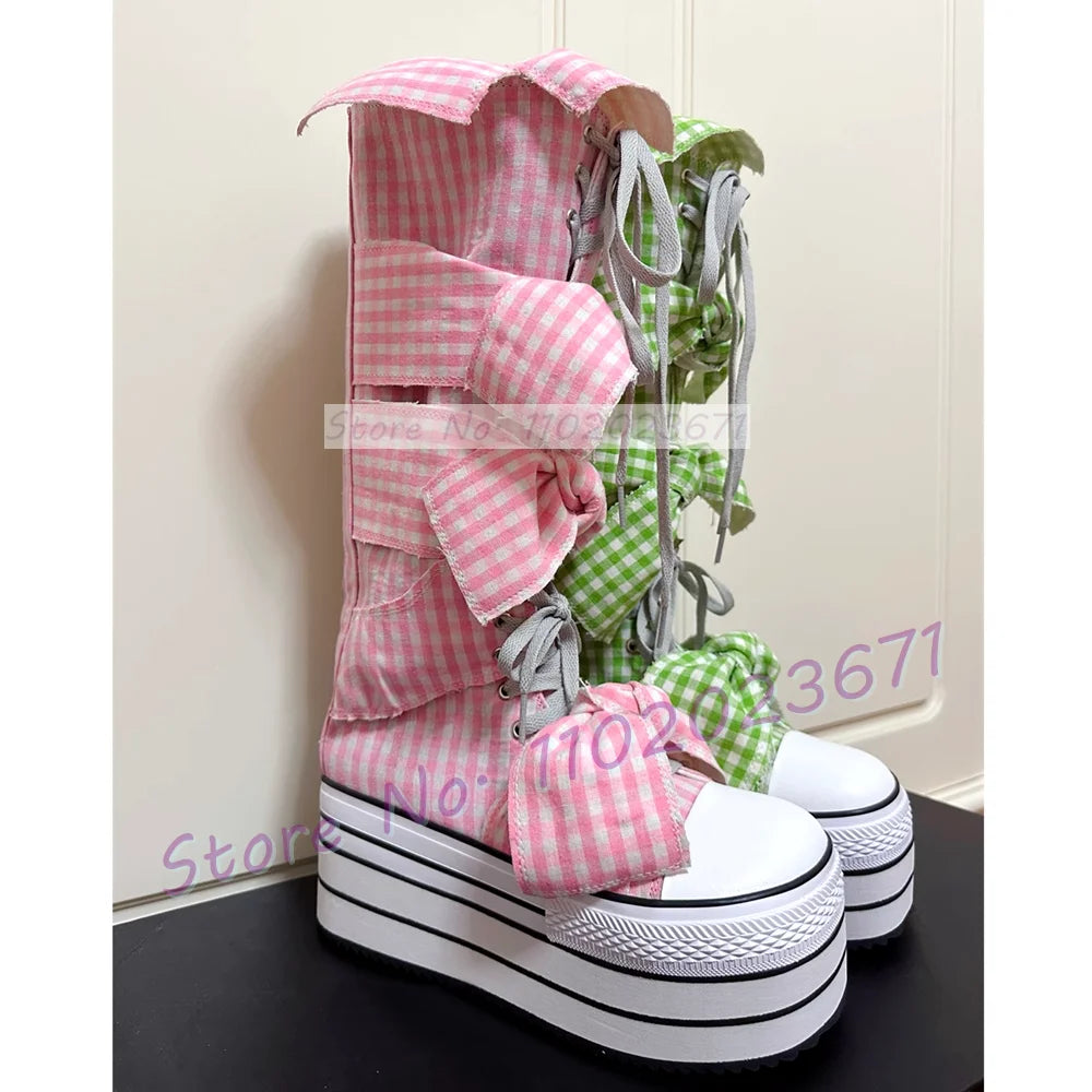 Bowknots Thick-sole Long Canvas Shoes Women Trendy Round Toe Cool Plaid Shoes Girl's Lolita Sweet Lace-up Platform Tall Boots