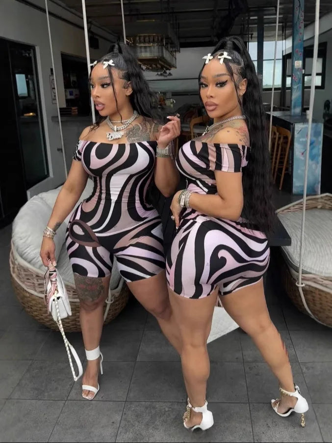 FAGADOER Sexy Stripe Print Bodycon Romper Women Off Showlder Backless One-piece Jumpsuits Hot Girl Streetwear Overalls 2025 New