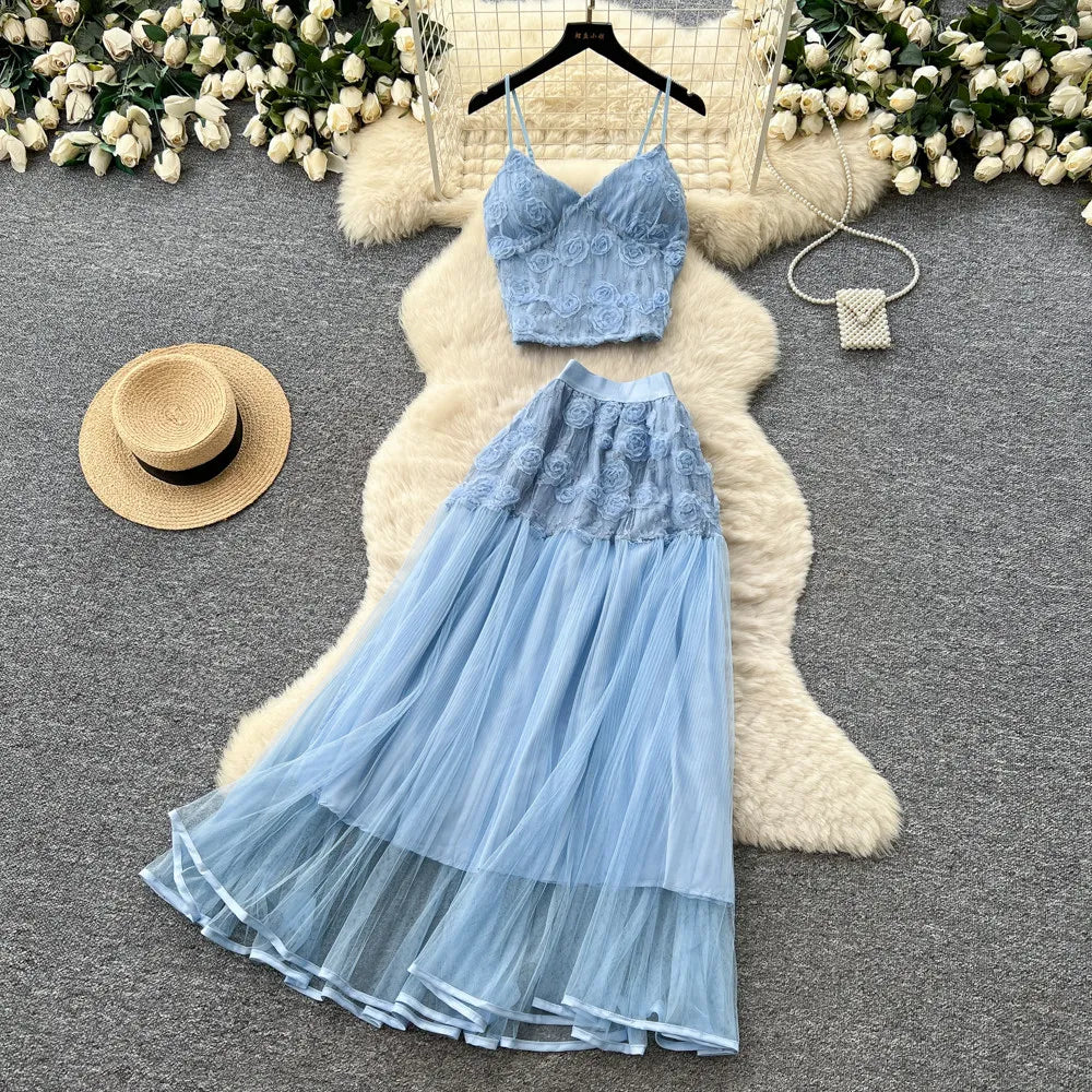 3D Floral Lace Camisole and Pleated Skirt Set for Women