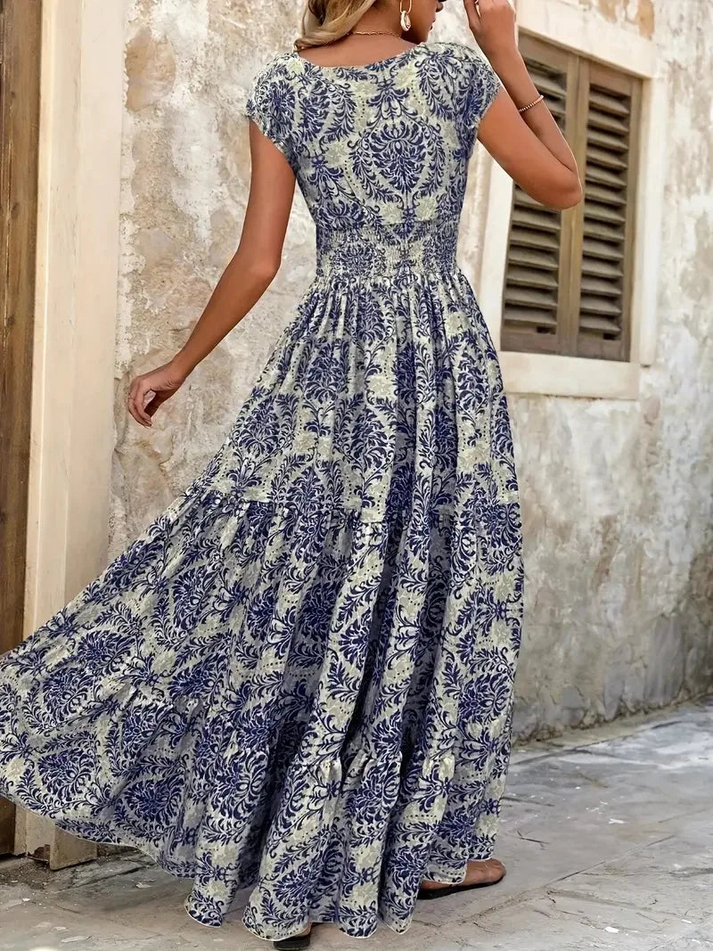 Bohemian Floral Printed V Neck Midi Dress For Women