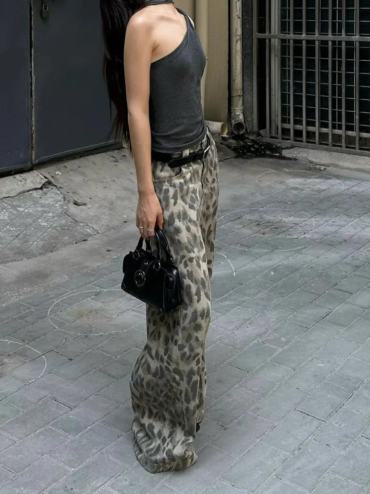 American Vintage Washed Leopard Print Wide Leg Jeans Women Stylish High Street Baggy Jeans Hip Hop Hot Girls Y2k Trousers