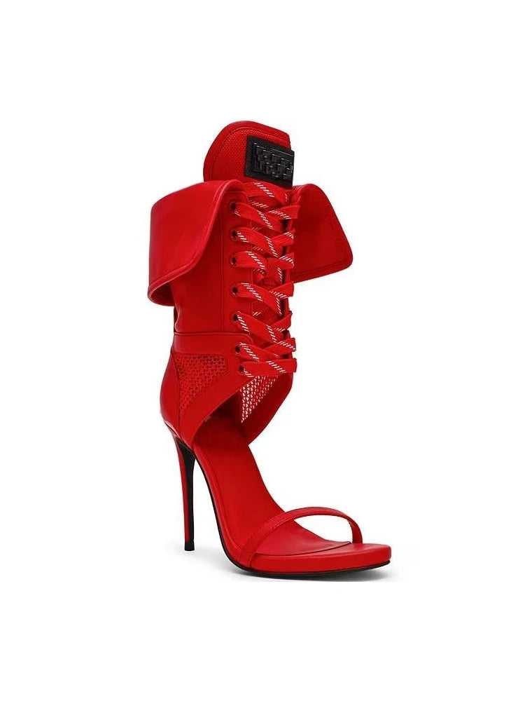 Red Patchwork Lace Up Strappy Sandals