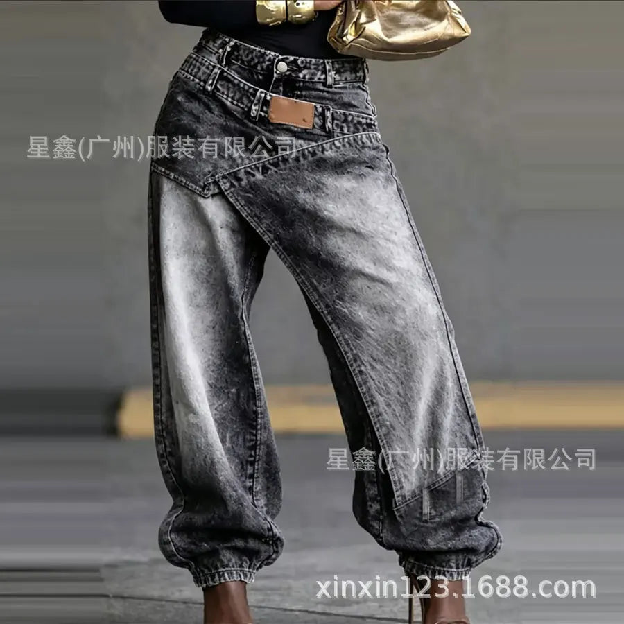 Washed Patchwork Baggy Jeans With Irregular Wrap Front for Women