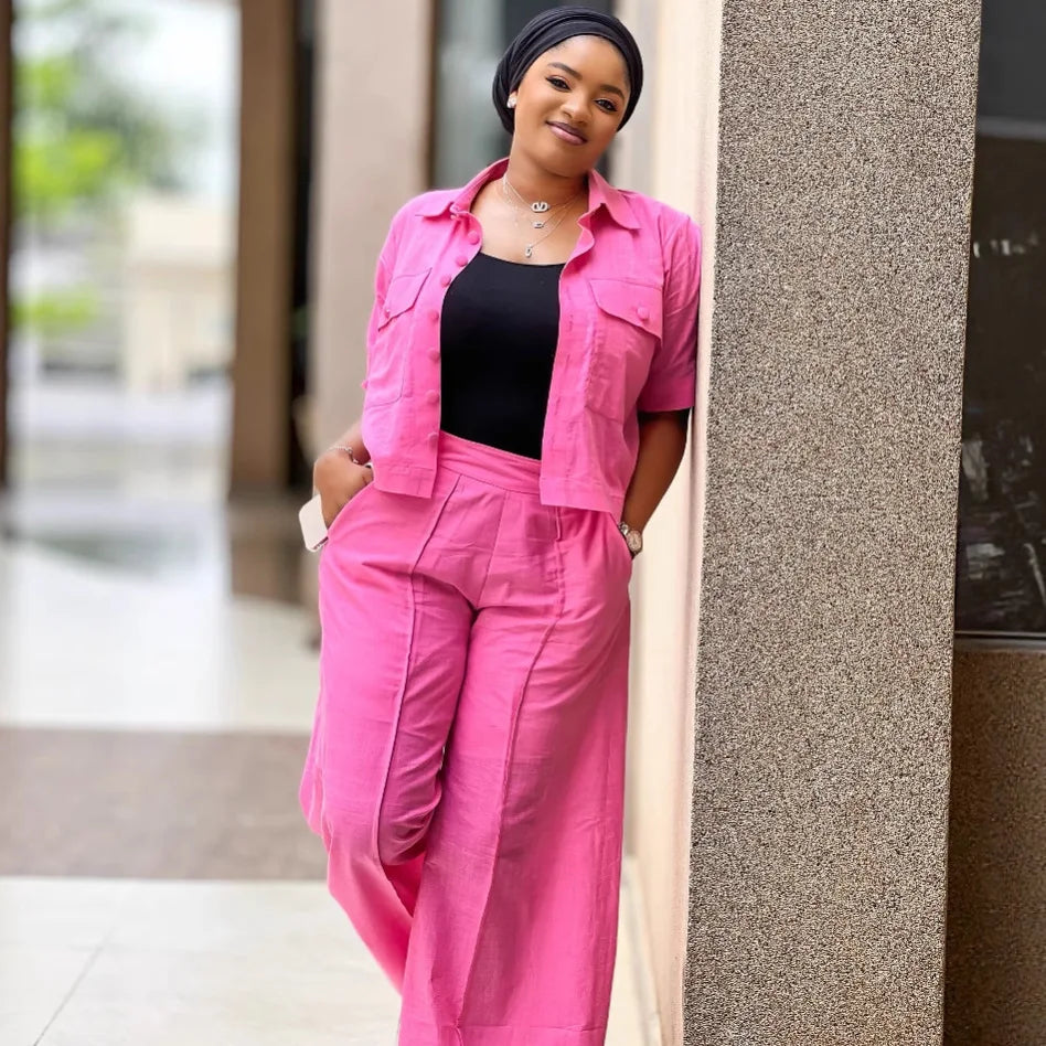 Two Pieces Women Pant Sets Solid Matching Sets Pocket Button Short Sleeve Top Empire Waist Wide Leg Pants Loose Fit 2025 Summer