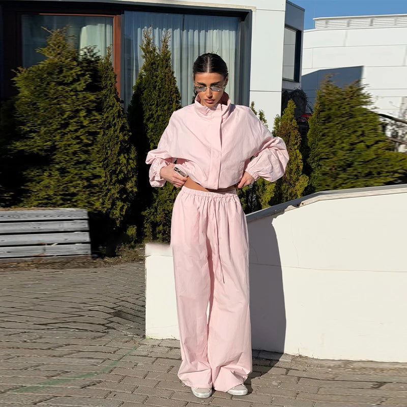 Solid Loose Suit Set with Stand Collar Crop Top and Drawstring Pants for Women