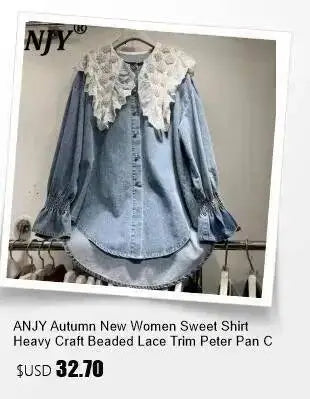 ANJY Autumn New Women's 2 Pieces Set Fashion Full Diamonds Short Sleeve Denim Shirt Elegant Fresh Straight Chic Ins Jeans A15818
