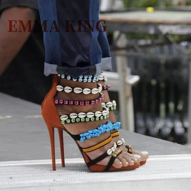Crystal Shell Decor Stiletto Sandals for Women Party Footwear