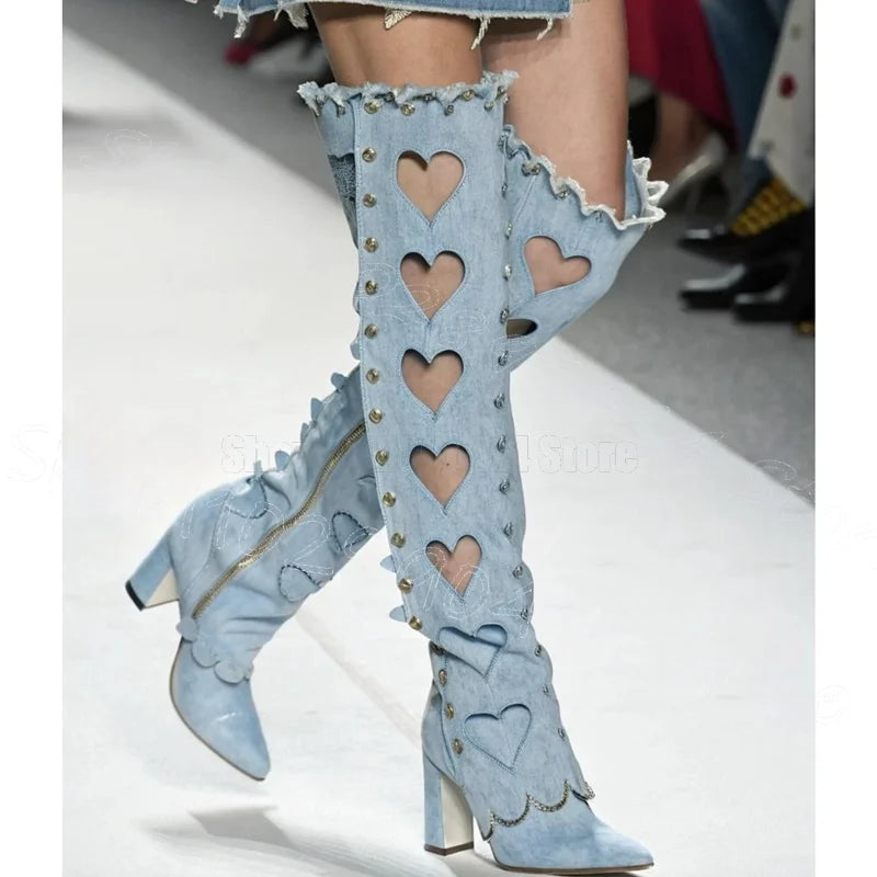 Chunky Heel Pointy Toe Denim Boots With Side Zipper For Women