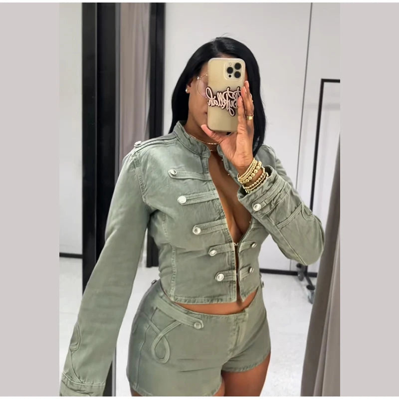 Elegant Slim Fit Stand Collar Denim Jacket Set for Women