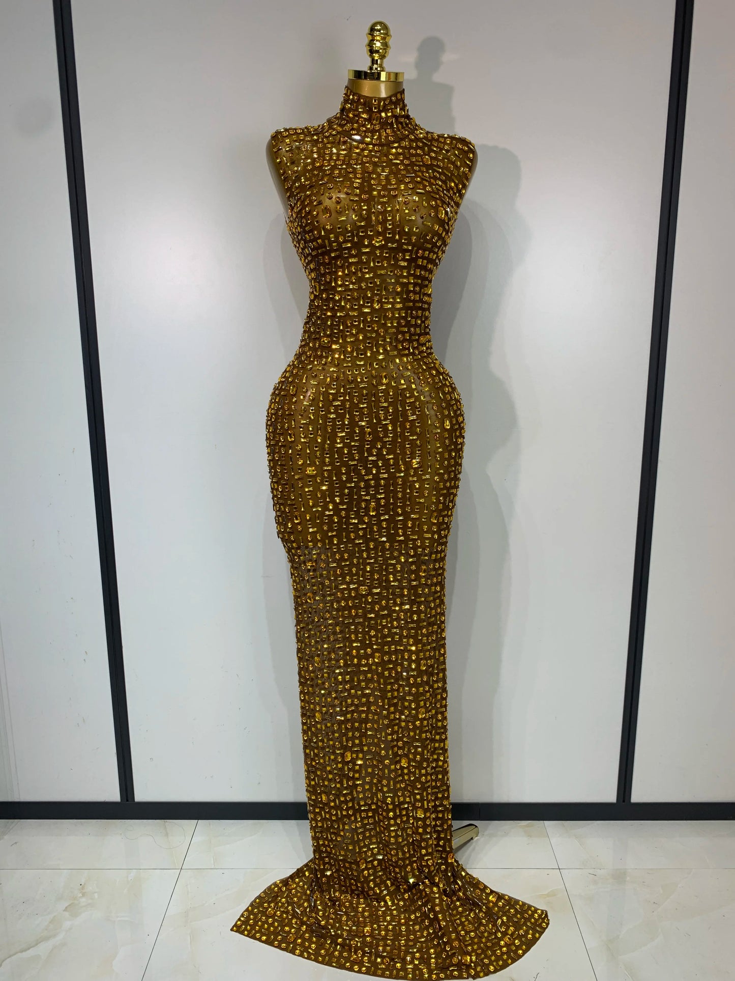 Sparkly Gold Rhinestone Sleeveless Stretch Long Dress Women Sexy Mesh Celebrate Evening Prom Birthday Dress Photo Shoot Wear