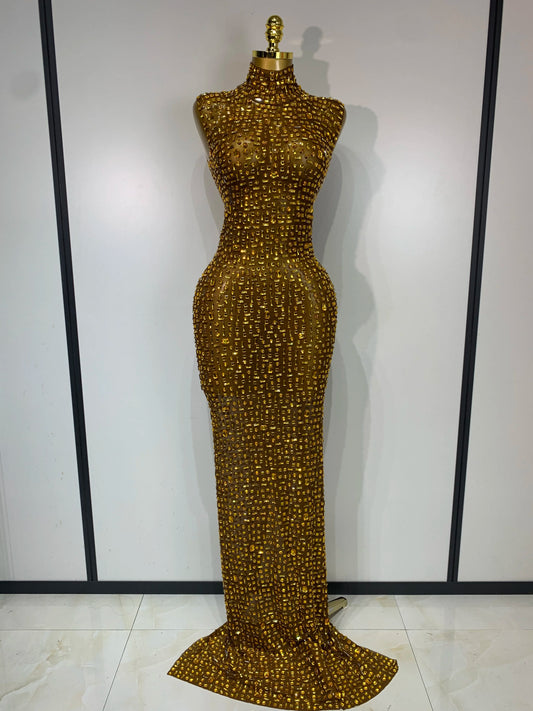 Sparkly Gold Rhinestone Sleeveless Stretch Long Dress Women Sexy Mesh Celebrate Evening Prom Birthday Dress Photo Shoot Wear