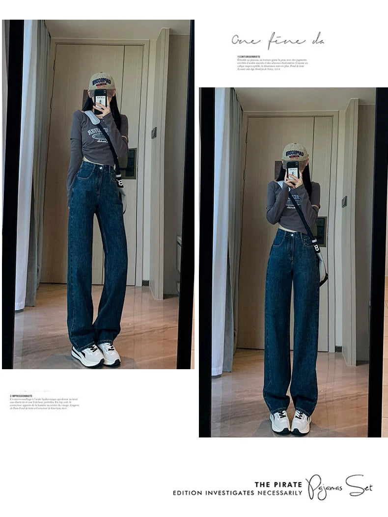 High Waist Casual Wide Leg Straight Jeans for Women