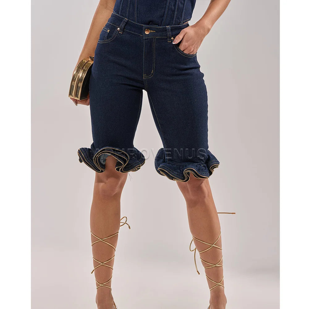 Casual High Waist Ruffle Hem Denim Shorts For Women