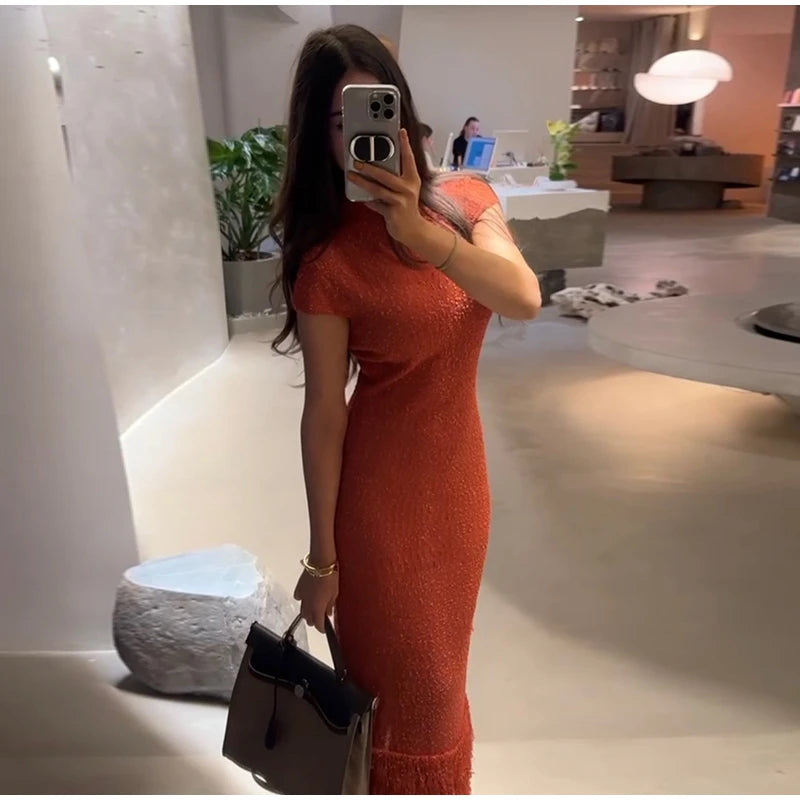 Sequin Knit Short Sleeve Tassel Midi Party Dress for Women