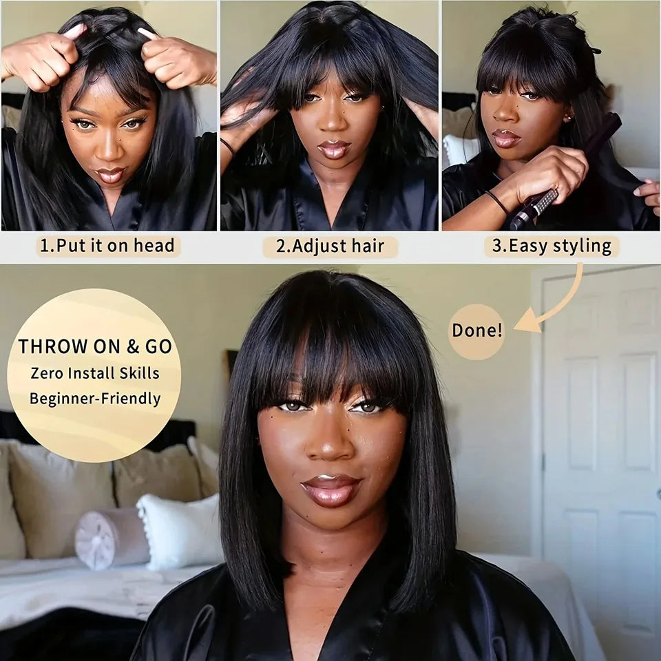 Straight Brazilian Human Hair Bob Wig With Bangs for Women