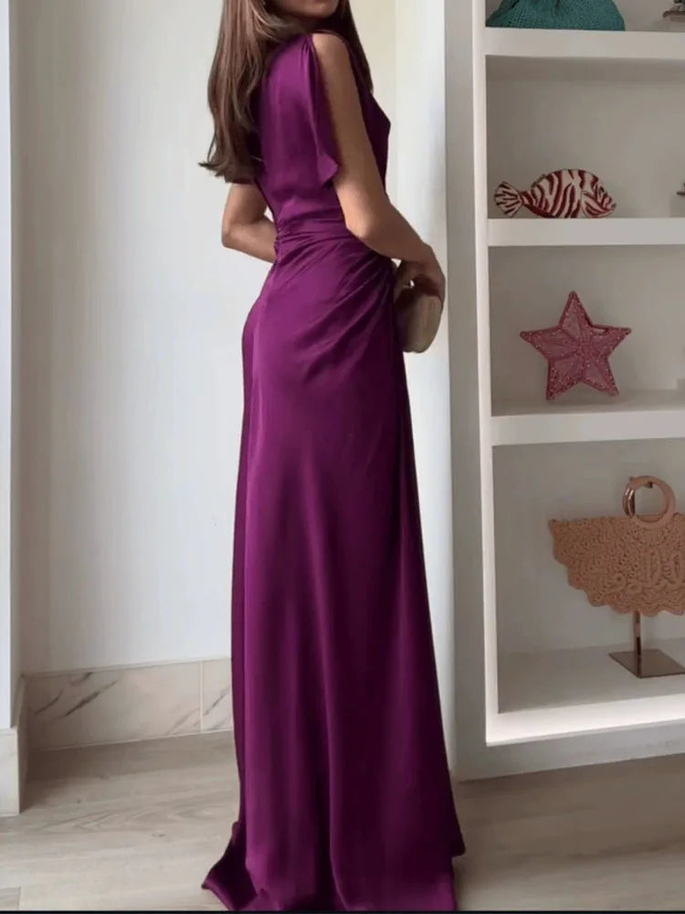 Women Fashion Hight Waist Solid Long Dress 2025 Summer Casual Draped Slim Party Dress Elegant O-neck Short Sleeve Evening Dress