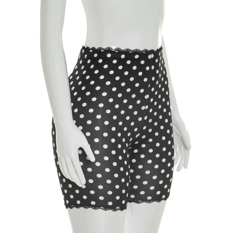 Polka Dot Lace Edge Stretchy Moto Biker Shorts for Women