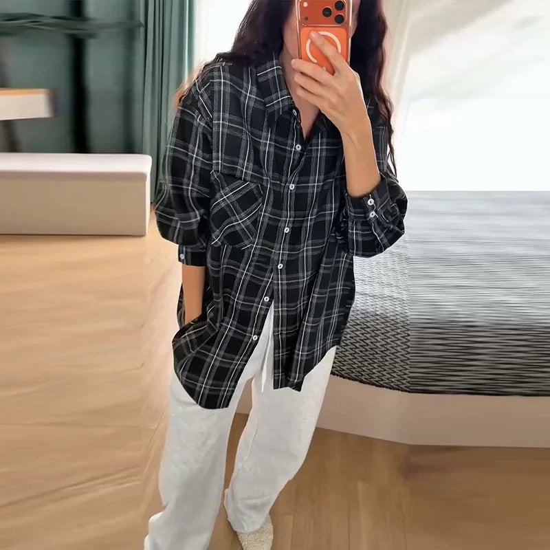 Plaid Loose Long Sleeve Button-Front Shirt for Women