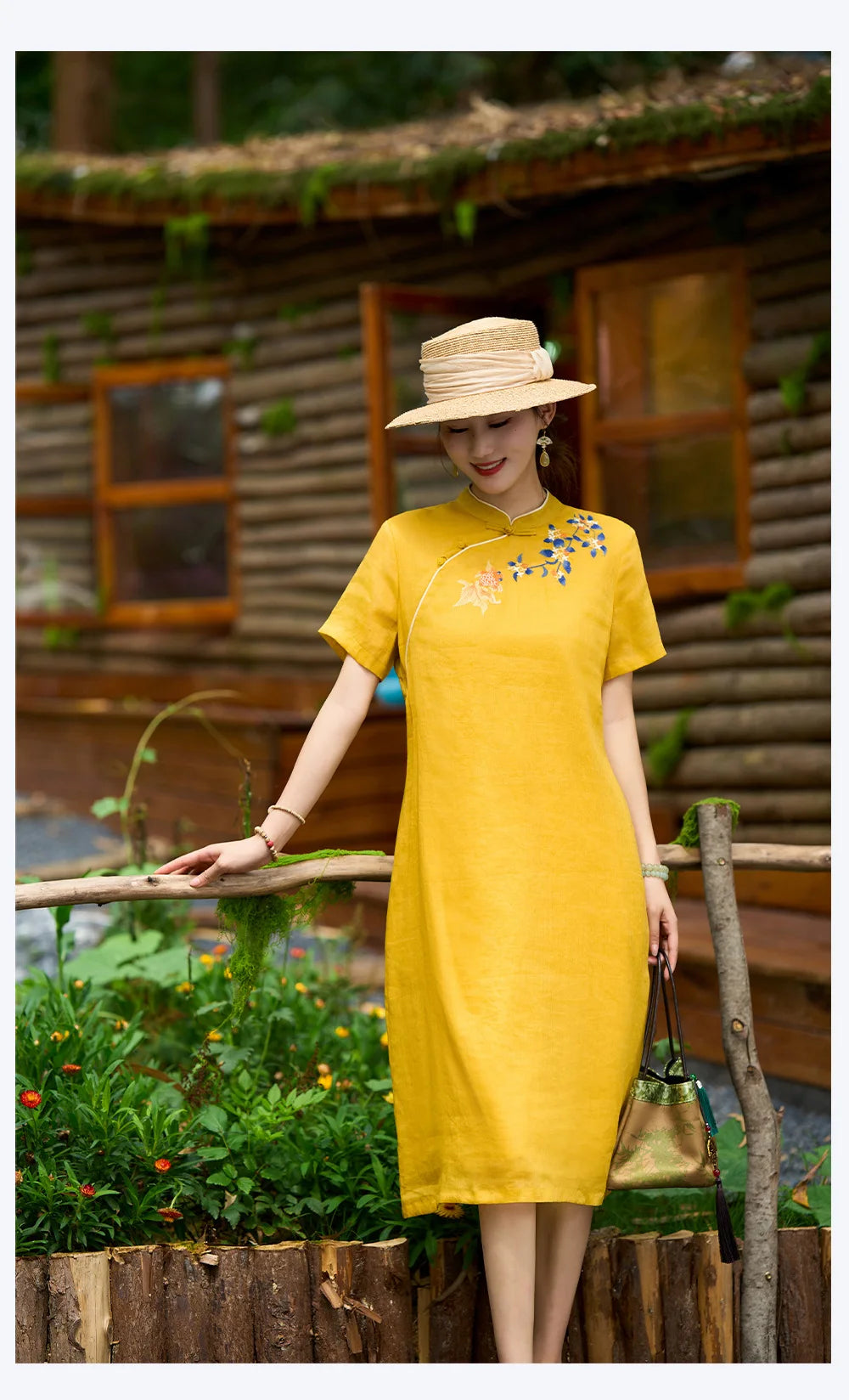 Linen Mandarin Collar Embroidered Cheongsam Dress for Women