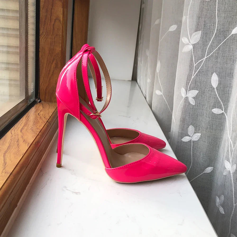Rose Pink Patent Pointed Toe Ankle Strap Pumps for Women