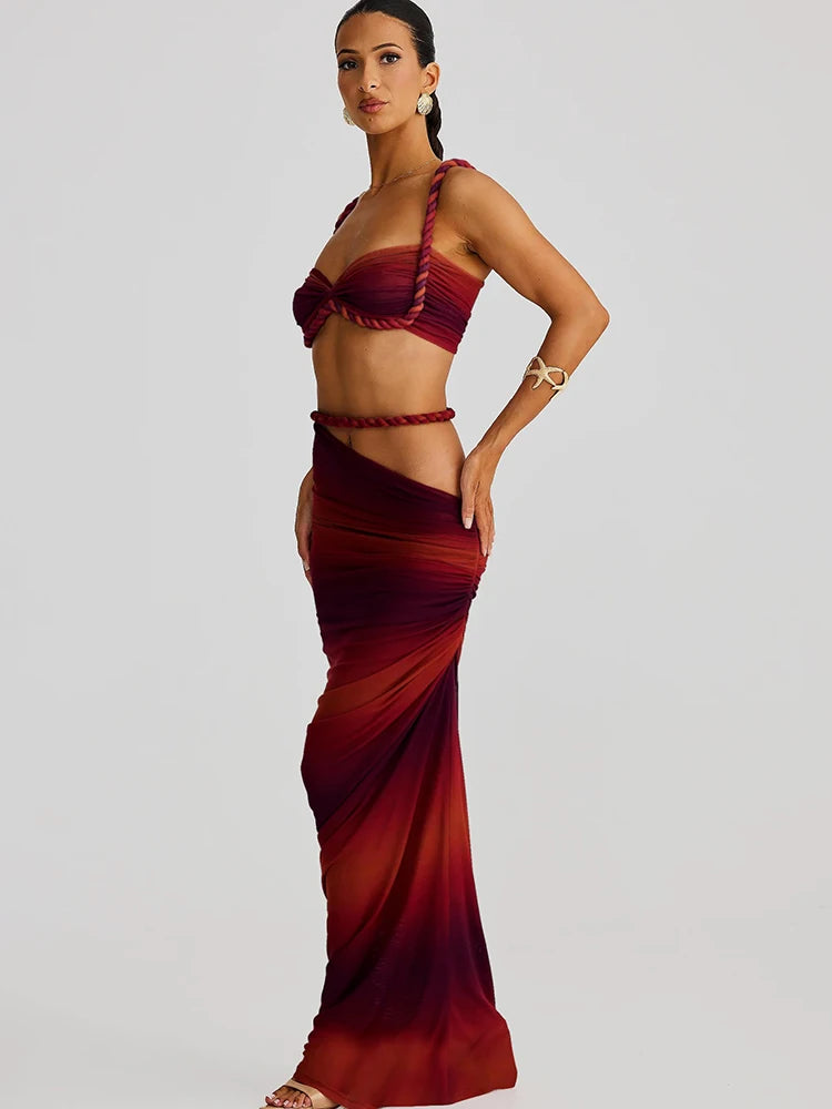 Woven Pleated Crop Top and Maxi Skirt Two Piece Set for Women