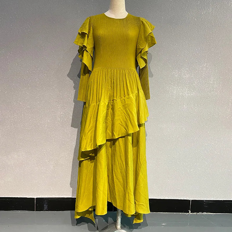 Pleated Tiered Long Sleeve Maxi Dress