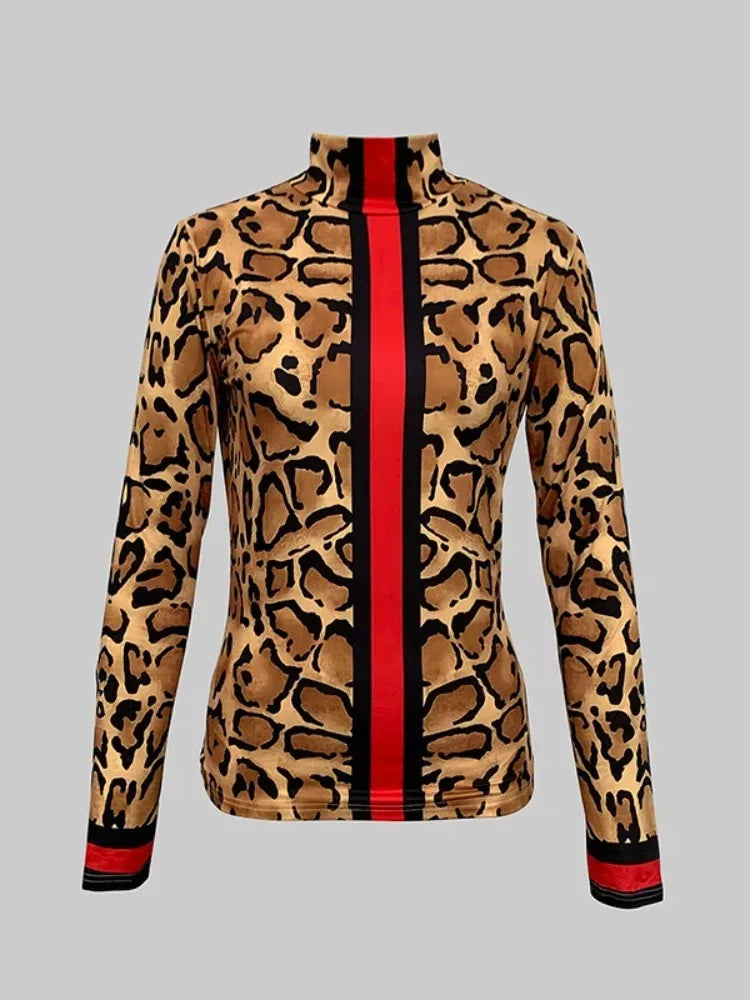 Women's Slim Fit Leopard Printed Turtleneck Blouse Fashion Contrast Striped Long Sleeves Casual Daily Office Basics Tops