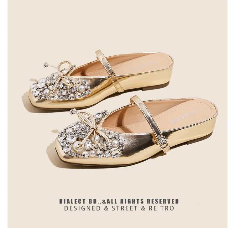 Pearl Bow Embellished Square Toe Flat Shoes For Women