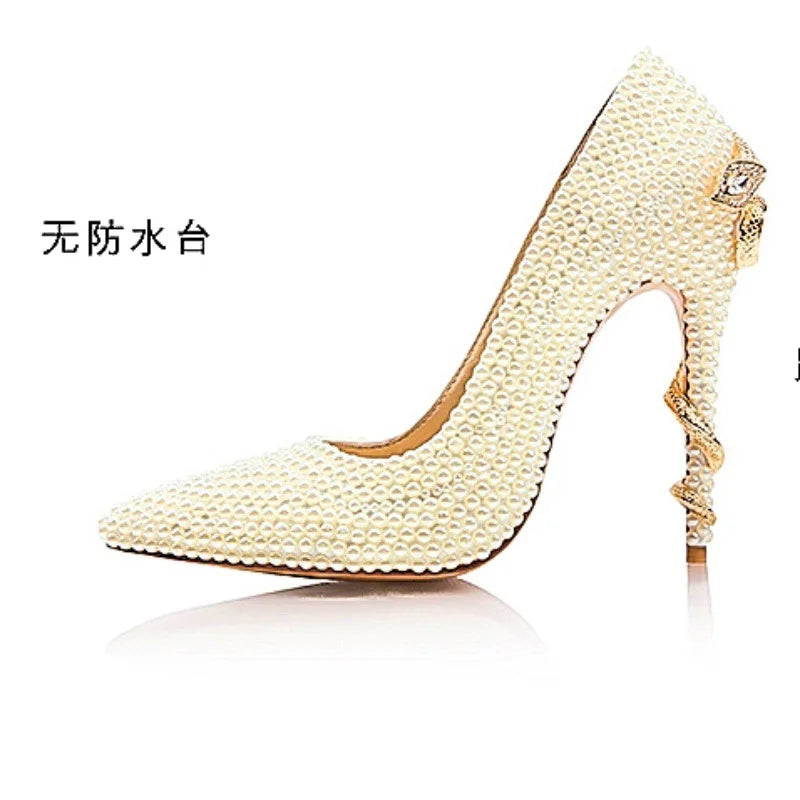 Golden Pearl Embellished Bridal High Heel Pumps For Women