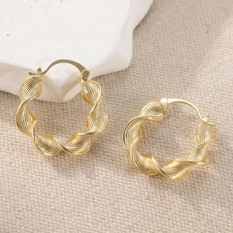 Carved Twisted Gold Tone Hoop Earrings
