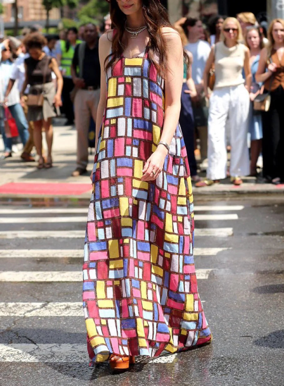 Color Block Squares Sleeveless Maxi Dress for Women
