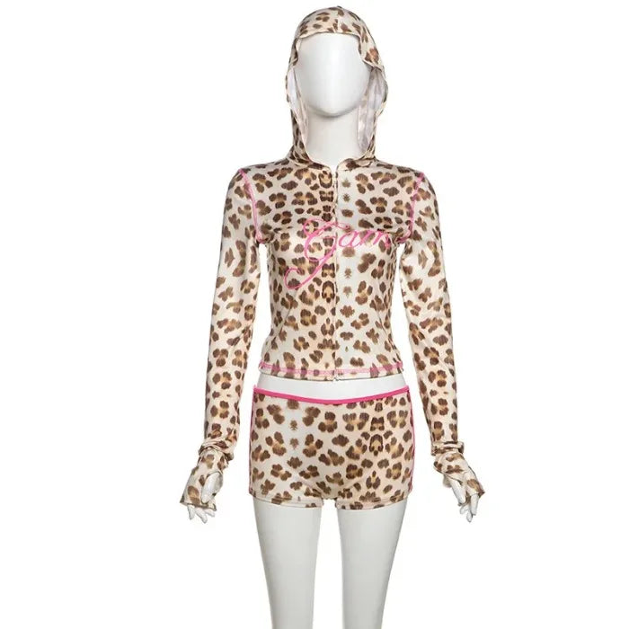 Sexy Shorts Set for Woman Crop Top Slim Fit Hooded Leopard Print Top and High Waisted and Half Pants Suit 2025 Spring/summer New