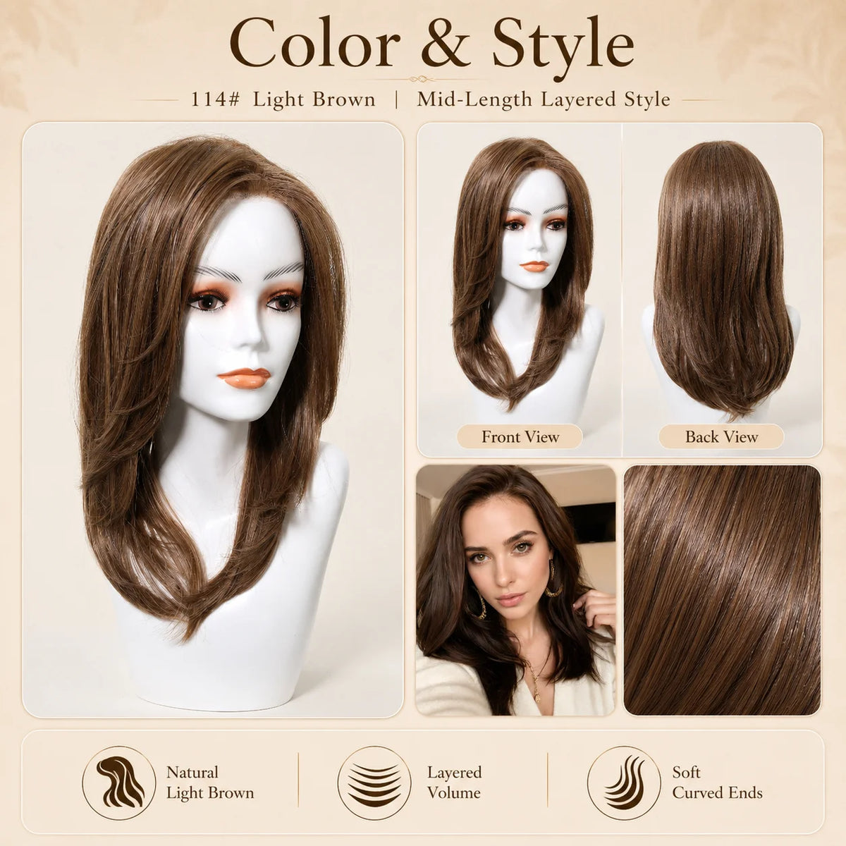 Light Brown Layered Synthetic Mono Top Wig for Women