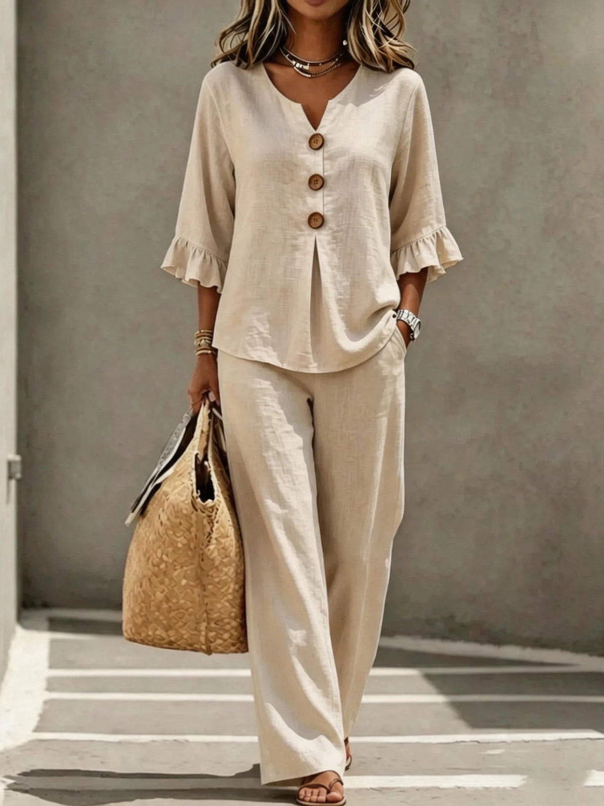 V-Neck Ruffled Two-Piece Top and Wide-Leg Pants Set for Women