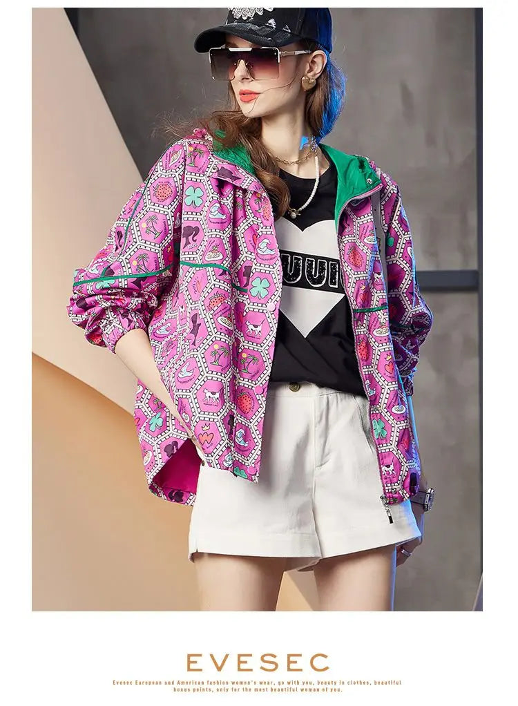 Women's Hooded Zipper Jacket, Casual Outerwear, Loose Tops, Print Doodle Coats, Female Clothing, Autumn, Winter, New