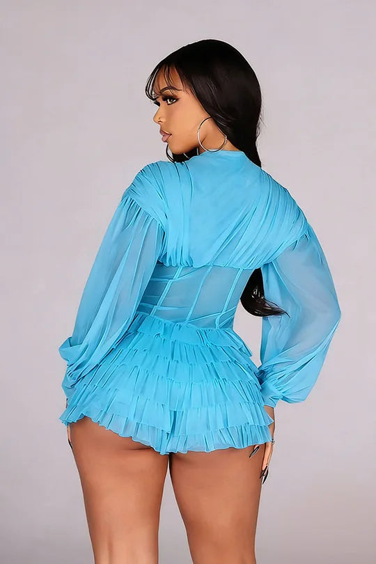Mesh Ruched Patchwork See Through Long Sleeve Bodycon Rompers for Women