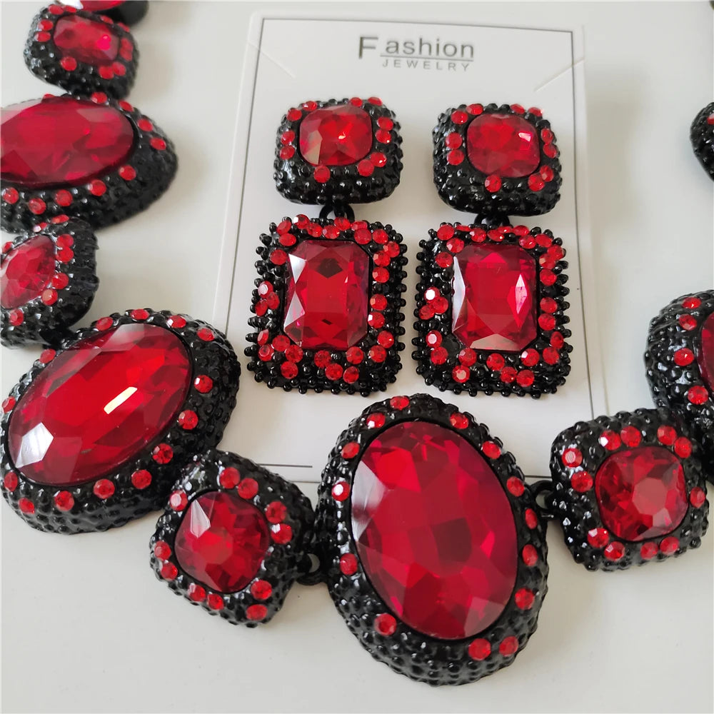 Red Crystal Statement Necklace and Earrings Set for Women