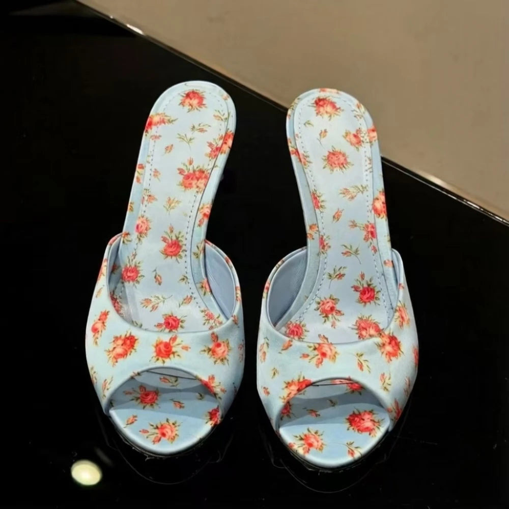 Light Blue Floral Peep Toe Sandals