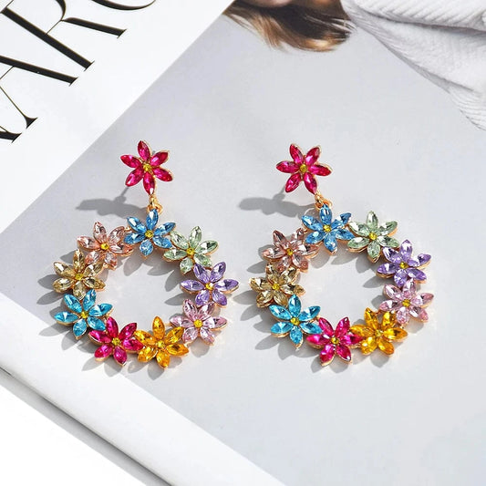 New Arrival Flower Colored Glass Stone Drop Earrings For Women Girls Crystal Accessories Statement Jewelry Wholesale