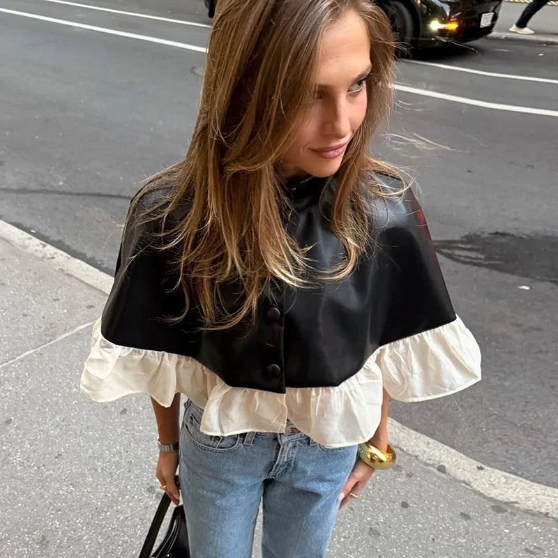 Elegant Mesh Patchwork Short Cape Coat With Stand Collar for Women