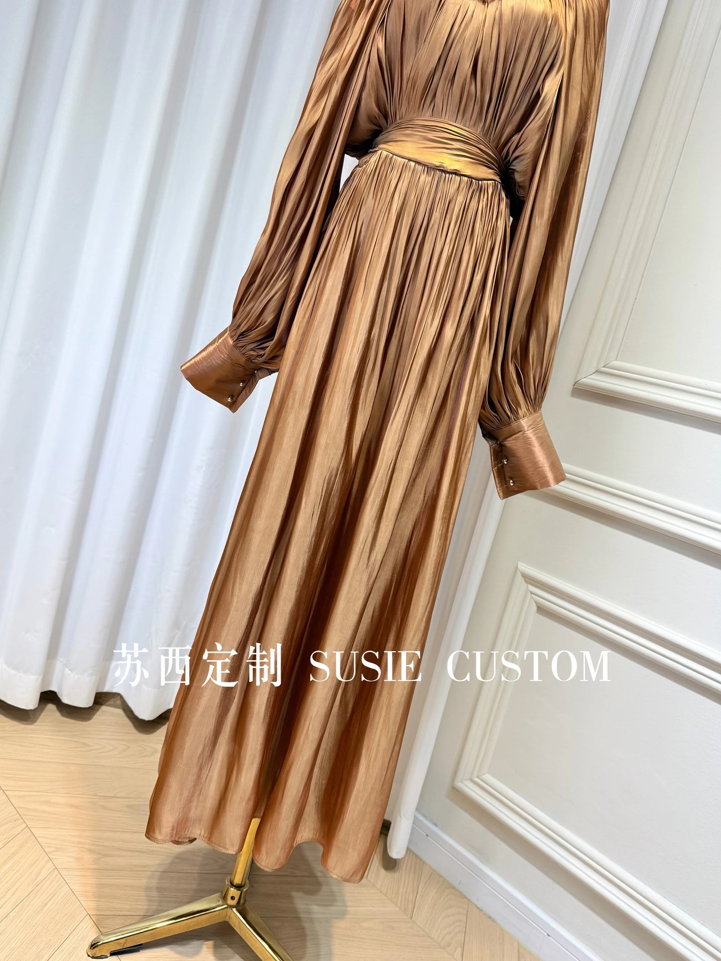 French Retro Palace Stand Collar Pleated Waist Tie Lantern Sleeves Large Swing Long Dress High Waist Elegant Vacation Dress