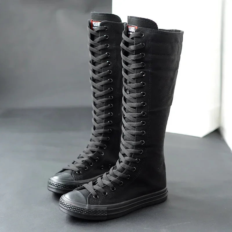 Casual Lace-Up Canvas Mid-Calf Flat Boots for Women