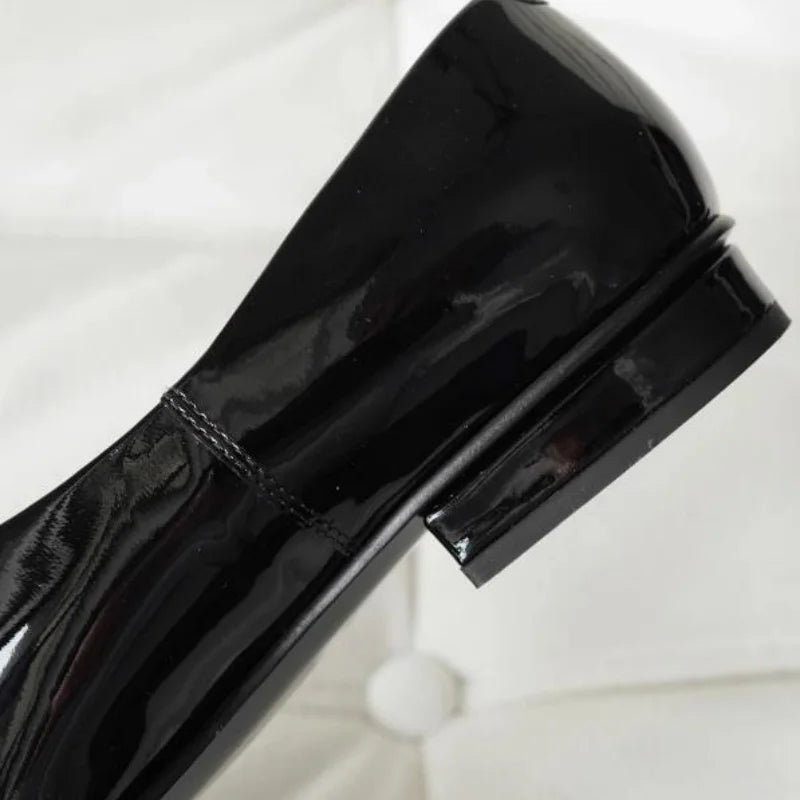 Low Heel Slip On Patent Leather Round Toe Pumps for Women