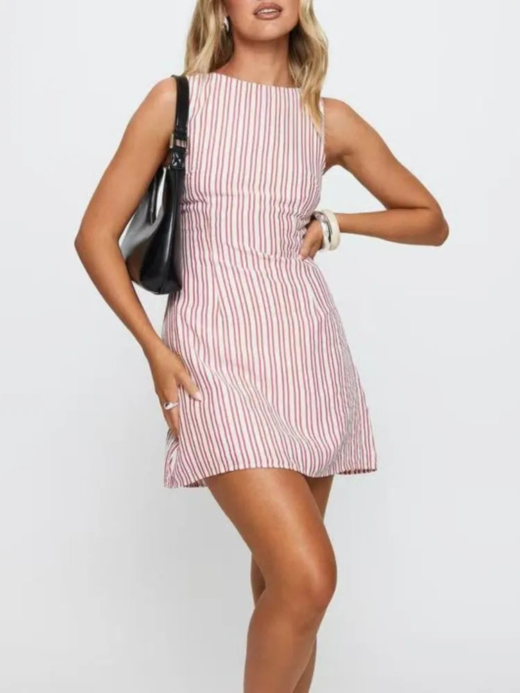 Casual Striped Print Crew Neck Sleeveless Mini Dress for Women